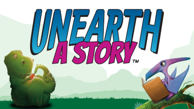 two dinosaurs reading books under the Unearth a Story logo.